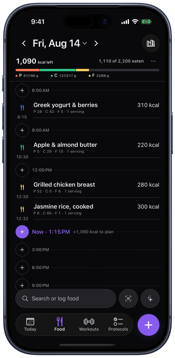 Brolic’s Food diary showing macro progress, recent meals, and fast logging actions.