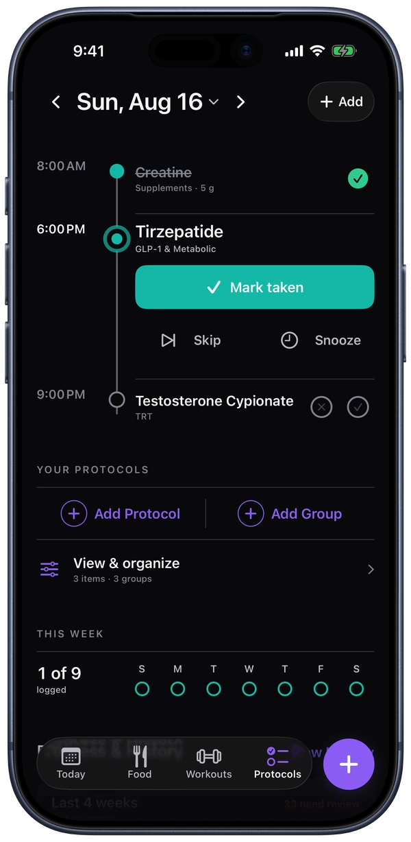 Brolic’s Protocols screen showing scheduled, completed, skipped, and as-needed entries.