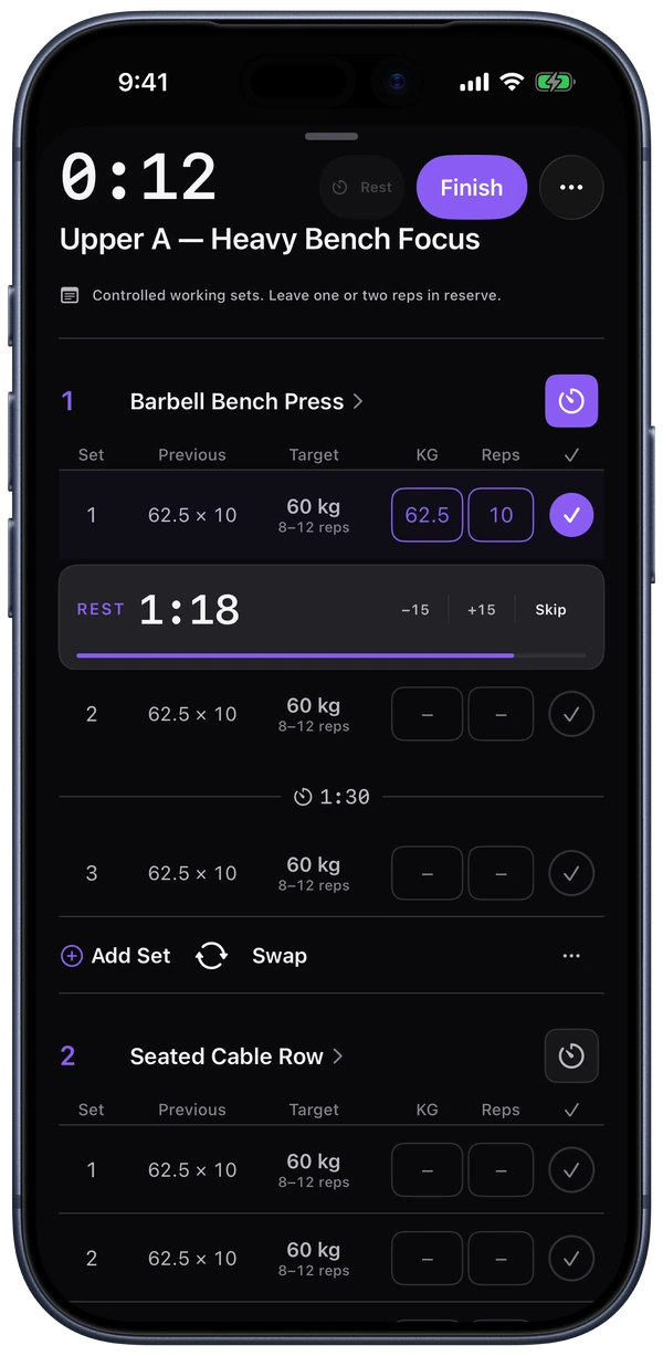 Brolic’s active workout screen showing set targets, previous performance, and a live rest timer.